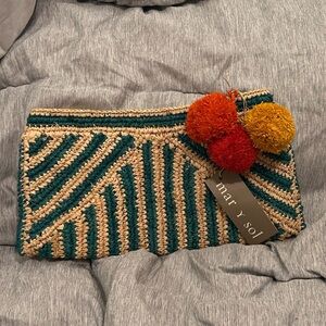 MAR Y SOL Sonia Handwoven Crocheted Raffia Striped Clutch Pom Accents NWTS